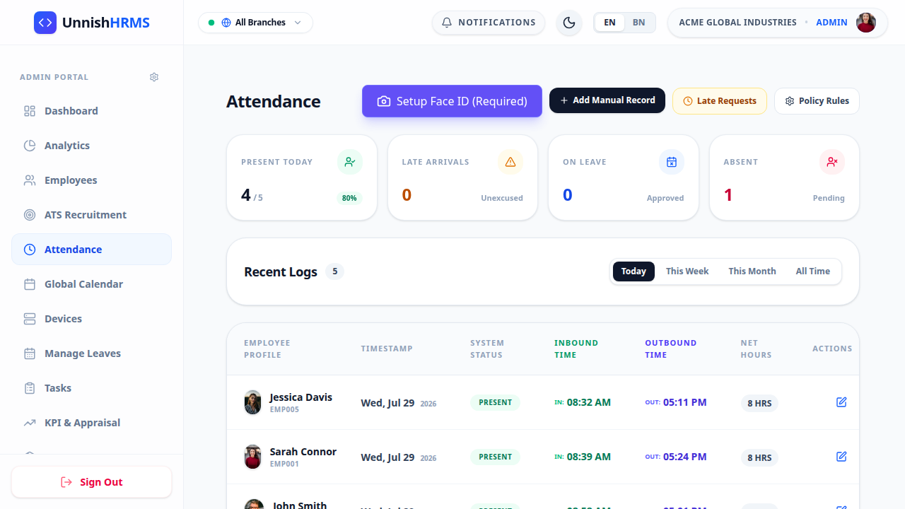 Attendance Management — Unnish HRMS Bangladesh