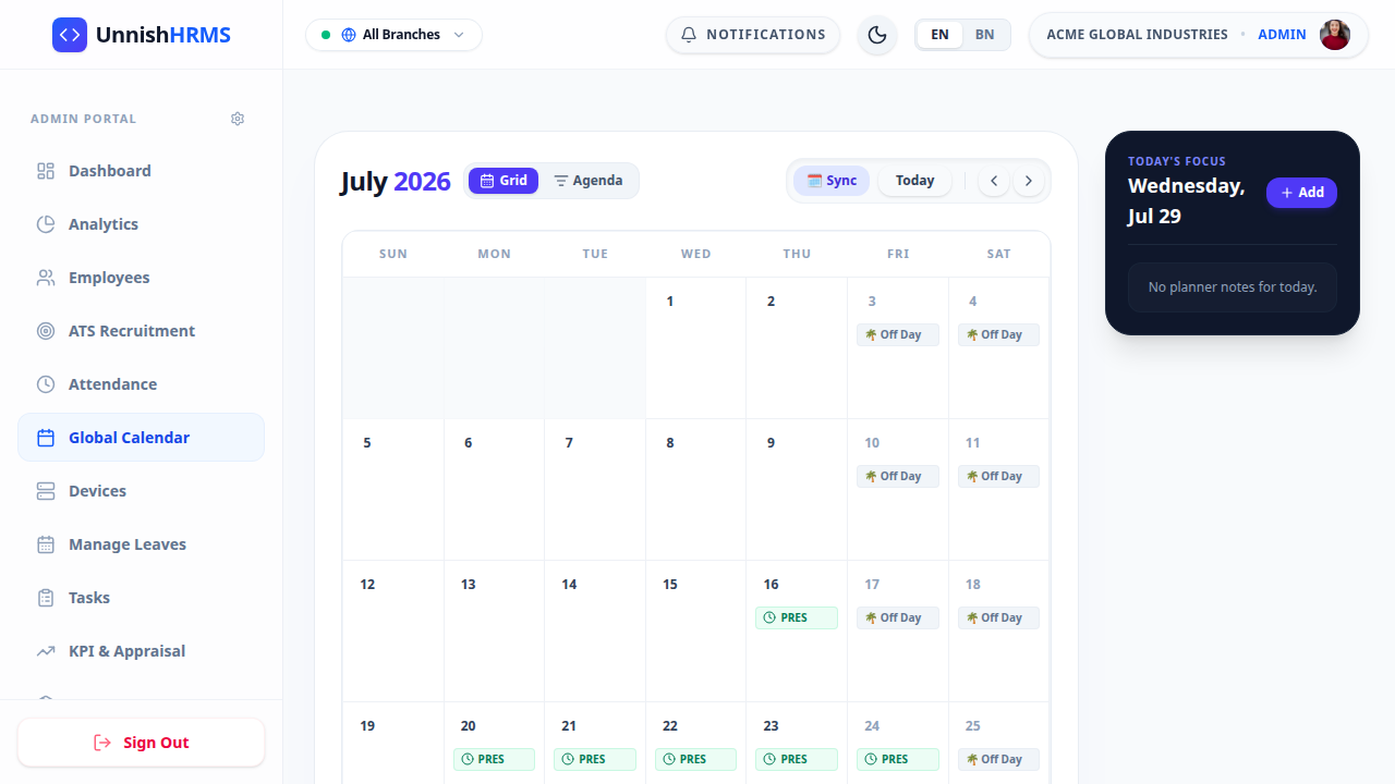 Global Calendar — Unnish HRMS Bangladesh